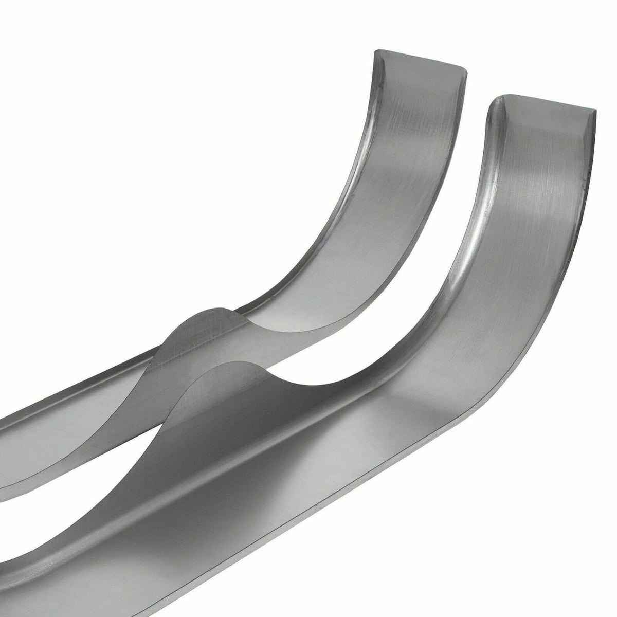 Two silver metal fenders side-by-side, tandem wheel-arch teardrop profile
