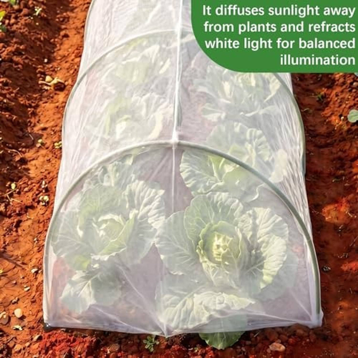 White plant sun shelter cover with arched top over garden bed, secured with green ties.