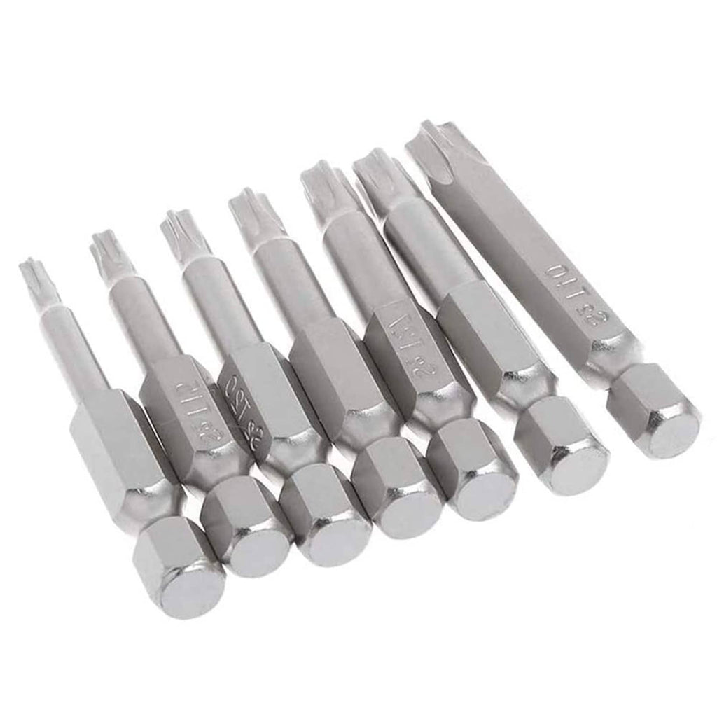 Security Torx bits with 5-point star heads, assorted sizes, silver metal