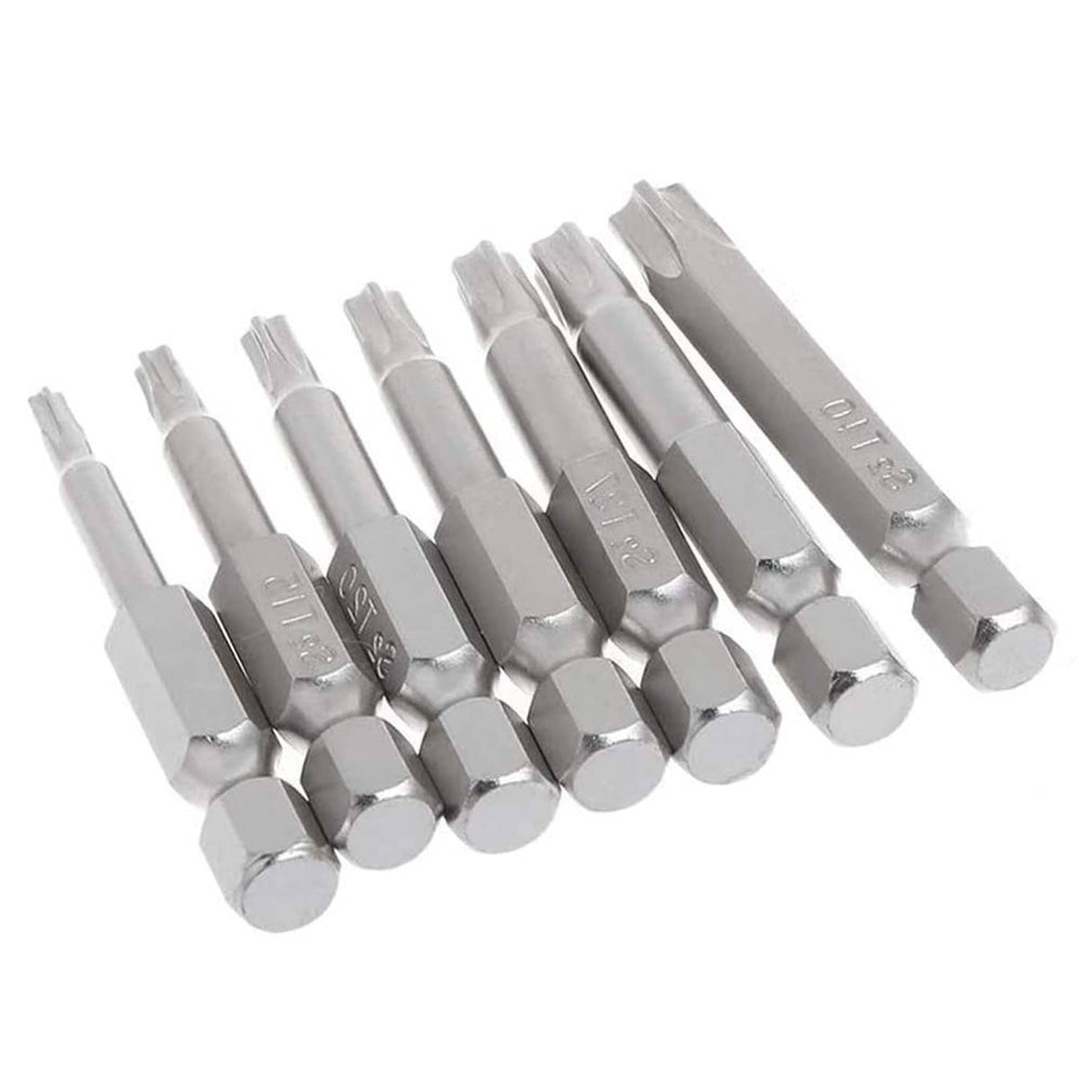 Security Torx bits with 5-point star heads, assorted sizes, silver metal