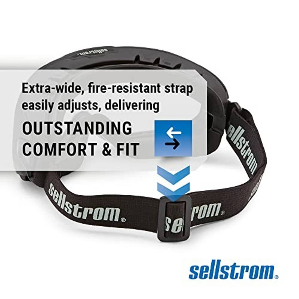 Safety goggles with extra-wide black strap and clear lens.