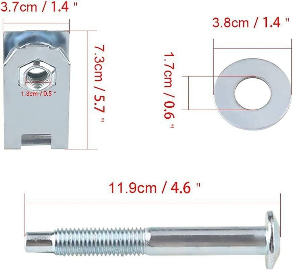 Measured dimensions of a steel mounting bolt and round washer with U-clip