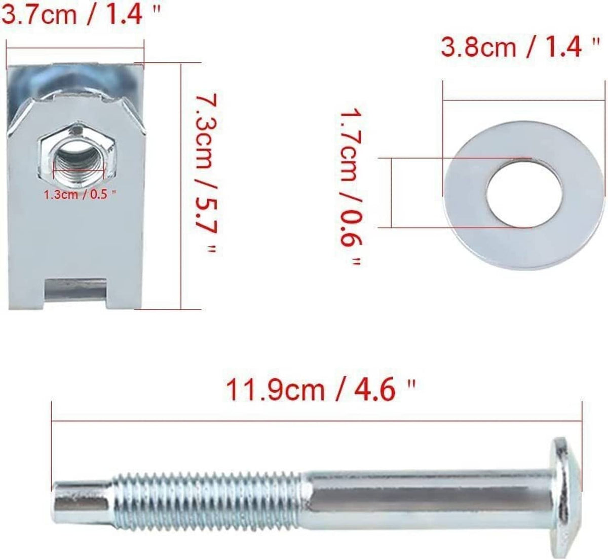 Measured dimensions of a steel mounting bolt and round washer with U-clip
