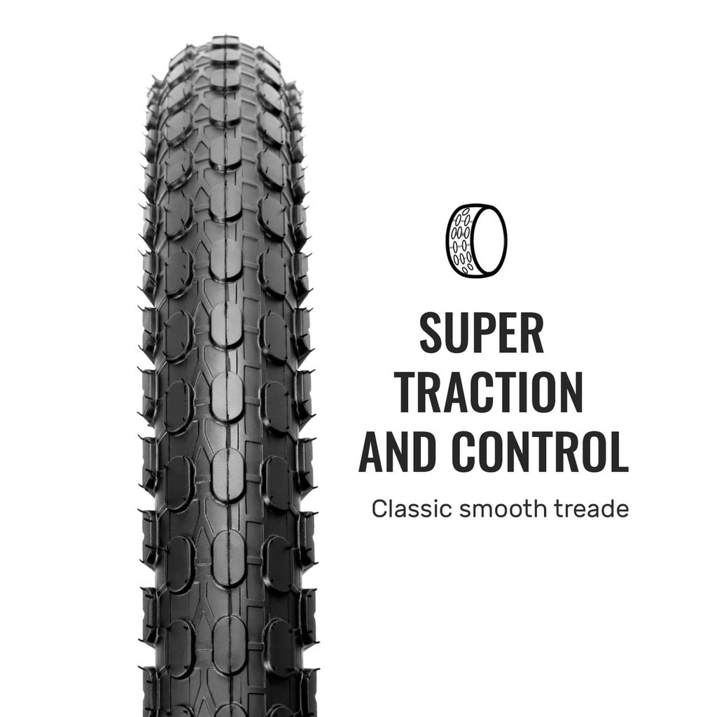Black knobby bicycle tire with classic smooth tread blocks