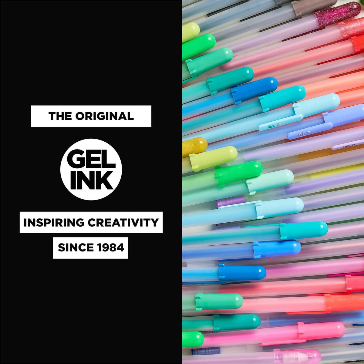 Fan display of multicolor gel pens with translucent barrels and colored caps.