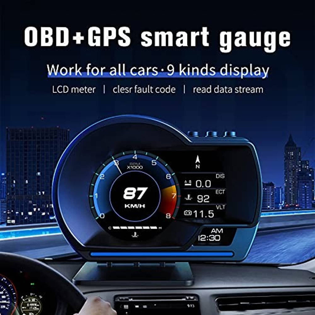 OBD+GPS HUD smart gauge with circular blue RPM/gear-style dials and right-side numeric display