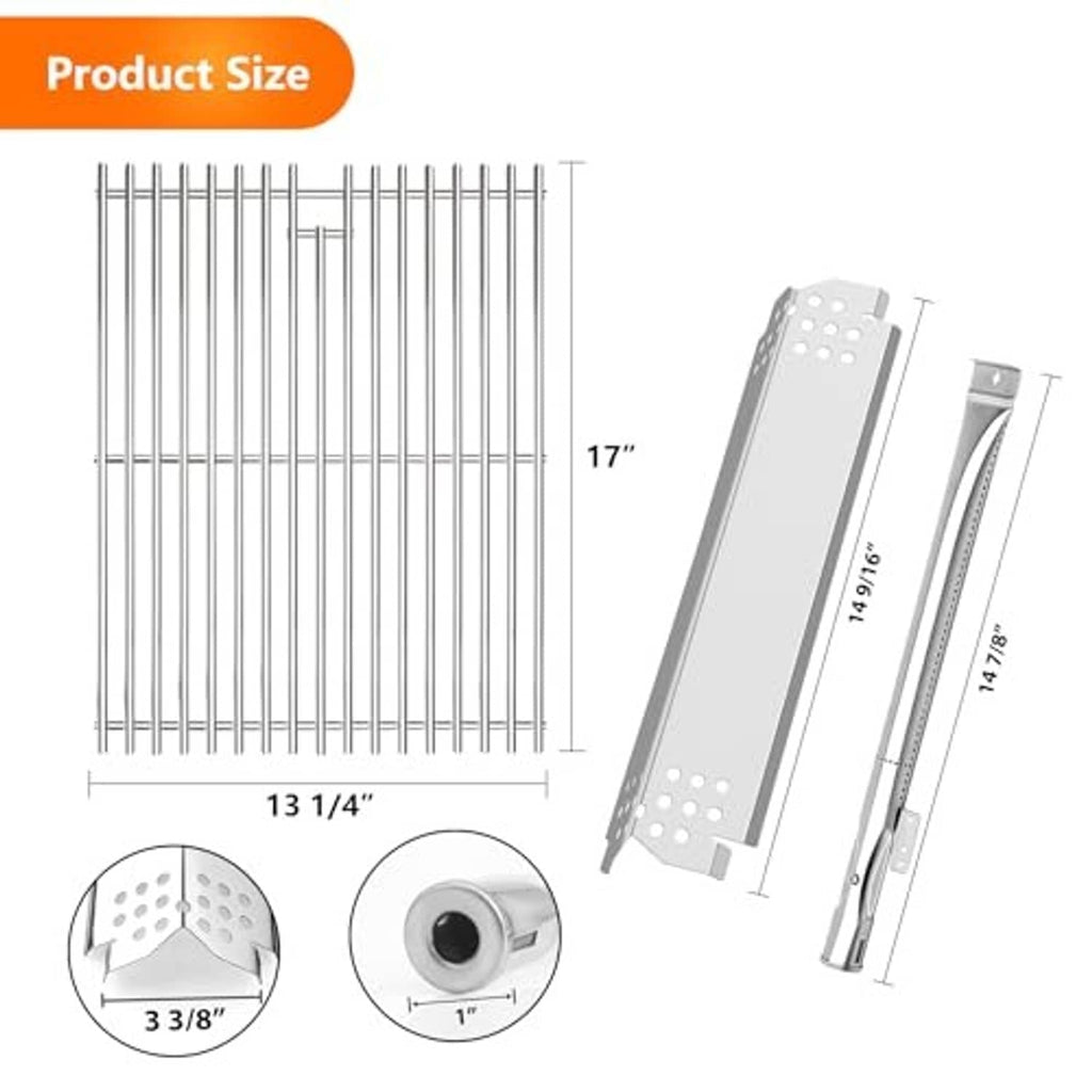 Stainless steel grill grate and heat shield panels with size measurements