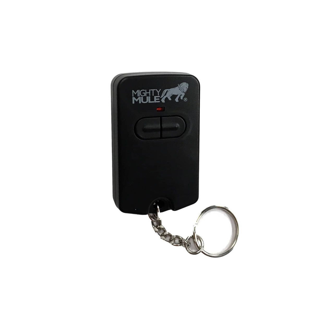 Black Mighty Mule dual-button gate opener remote key fob with keyring