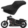 Black quilted driver and passenger motorcycle seat with diamond stitching
