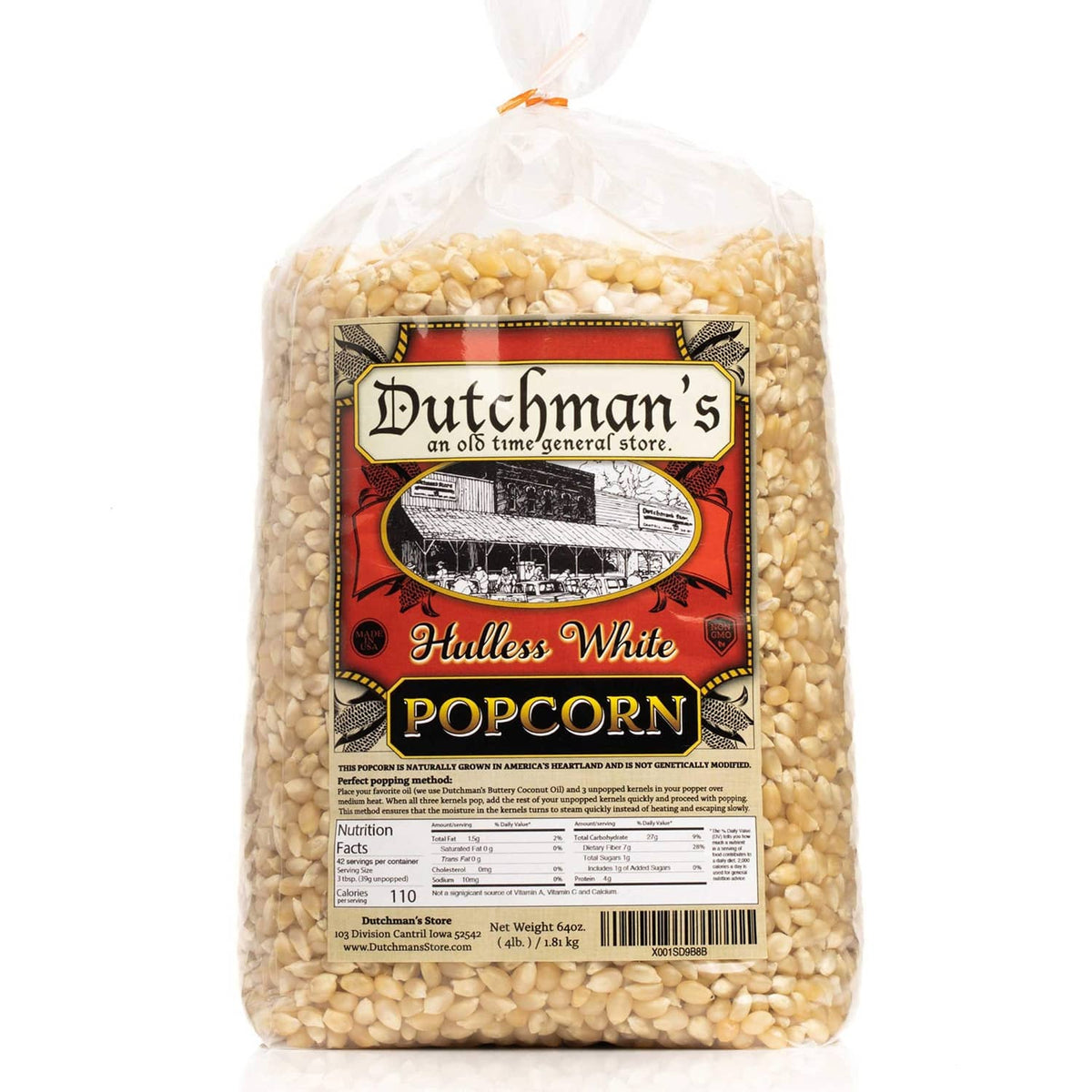 Dutchman's Hulless White popcorn kernels bag with front label and nutrition panel