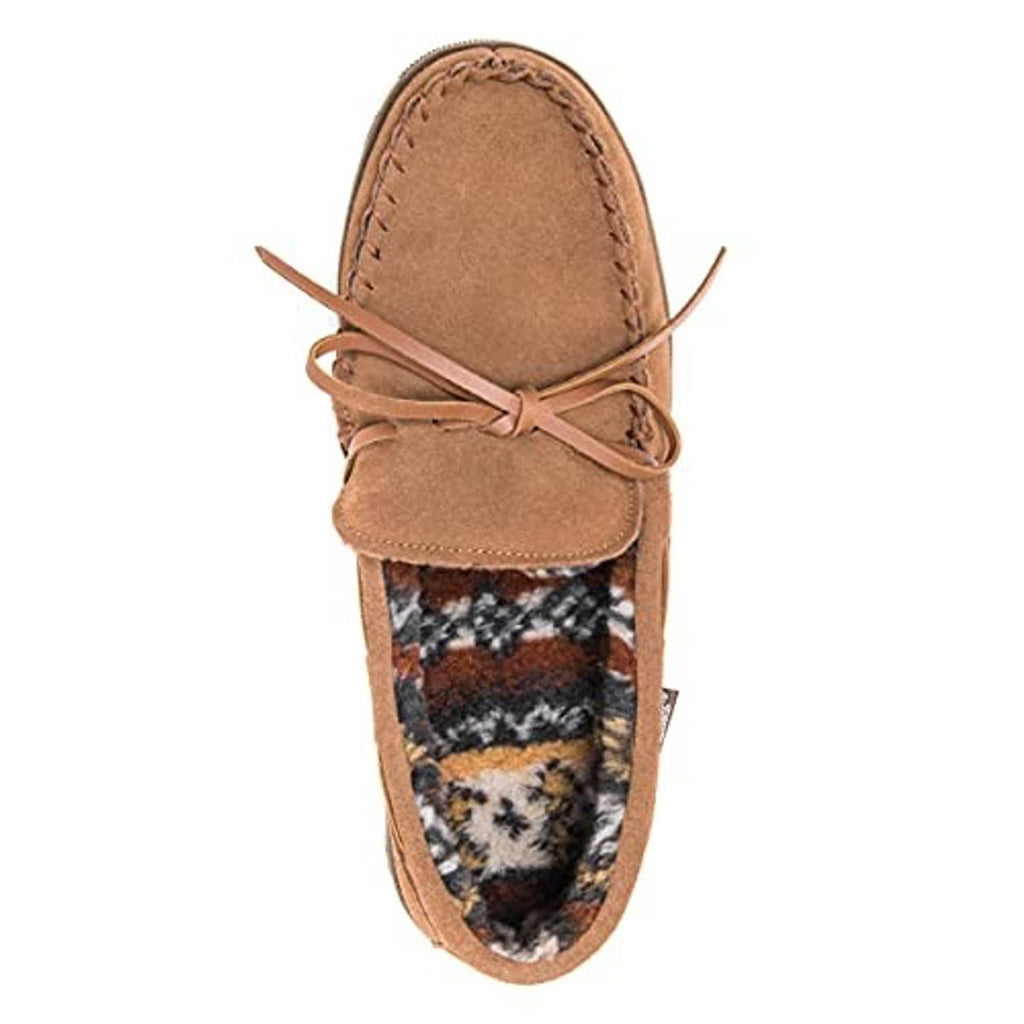 Tan suede moccasin slipper with lace tie and stitched collar, patterned fleece lining