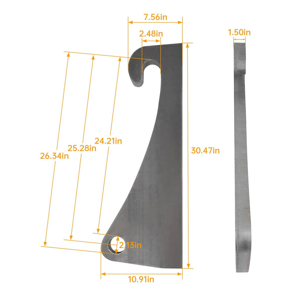 Steel quick attach bracket with hook end and mounting holes; size diagram shown