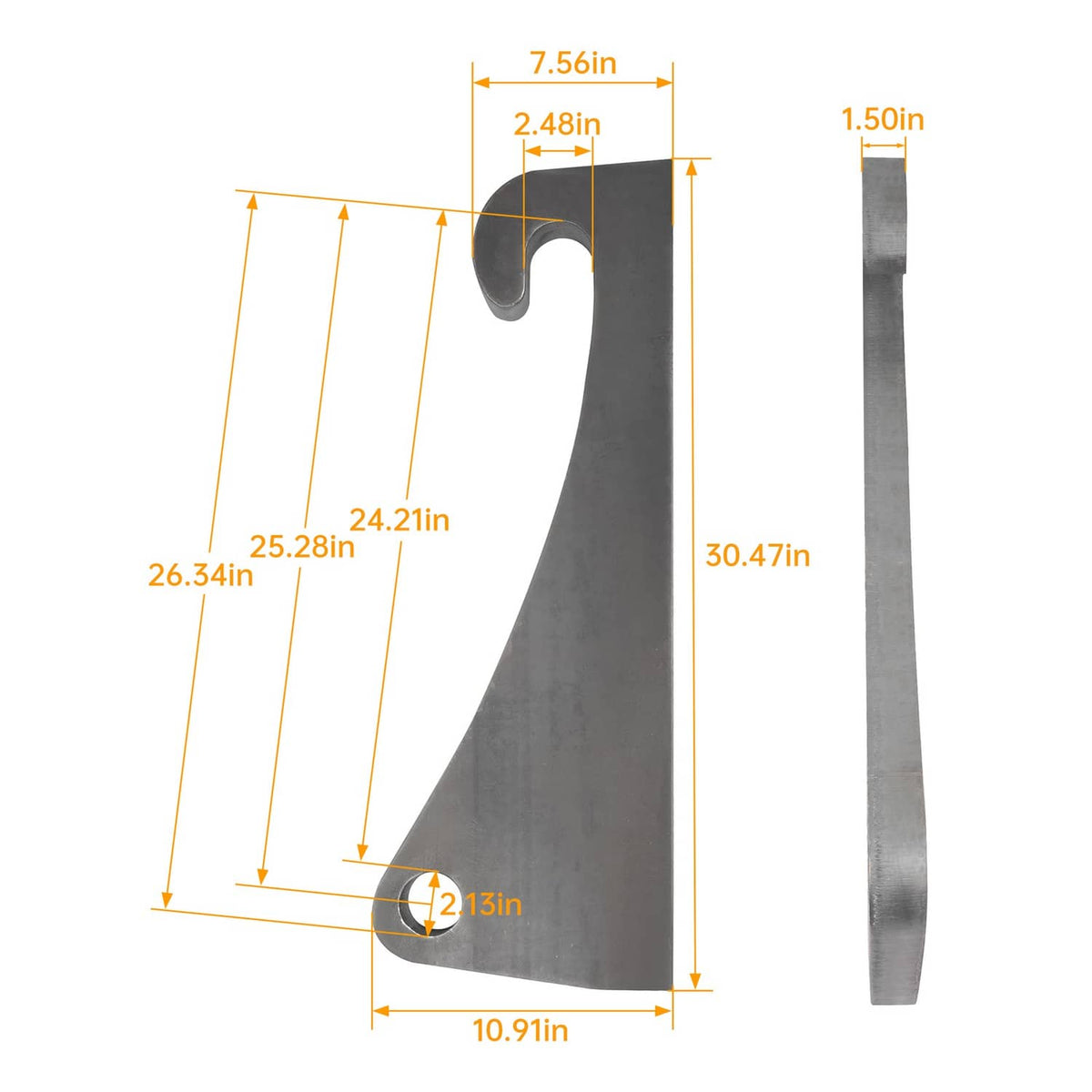 Steel quick attach bracket with hook end and mounting holes; size diagram shown
