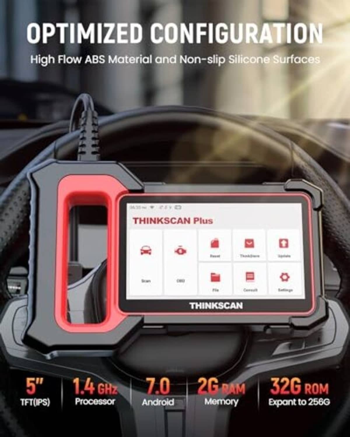 OBD2 scanner in red frame on steering wheel with screen and performance specs