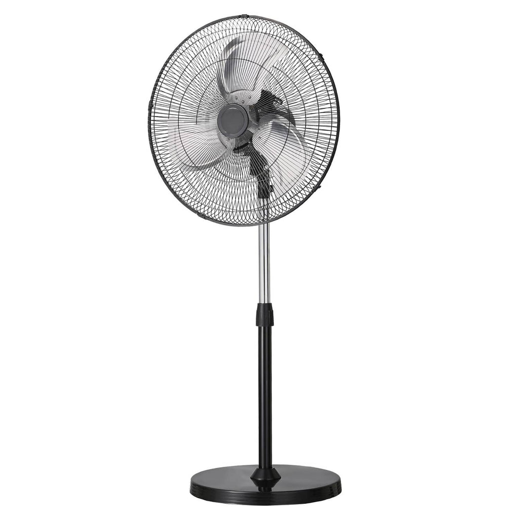 Black standing pedestal fan with round mesh grille, blades, and flat base