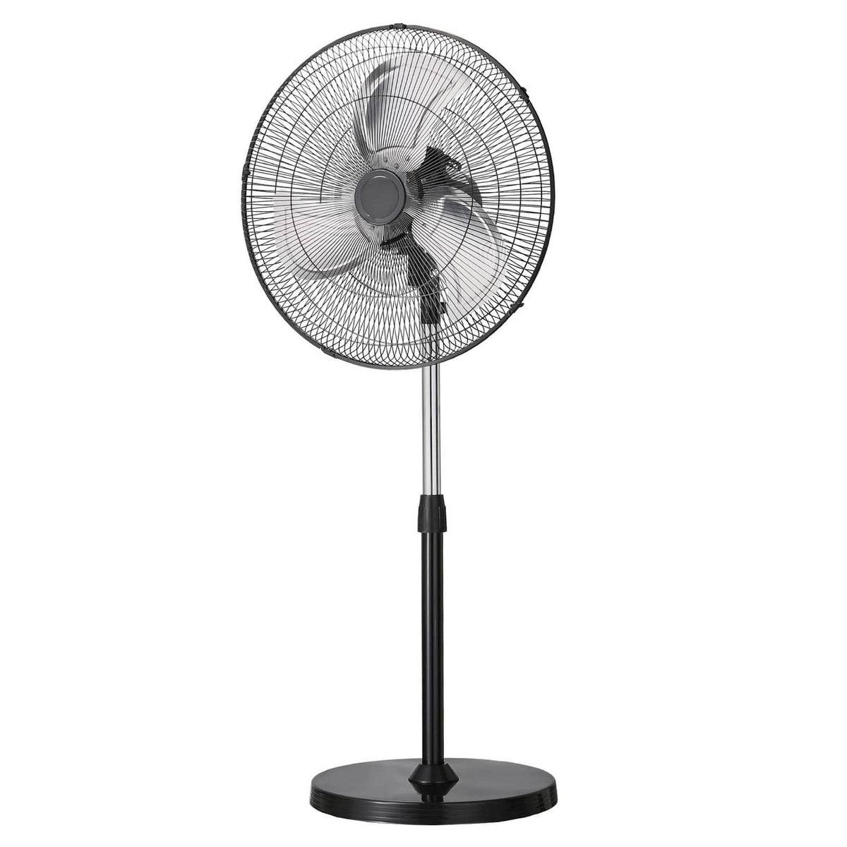 Black standing pedestal fan with round mesh grille, blades, and flat base