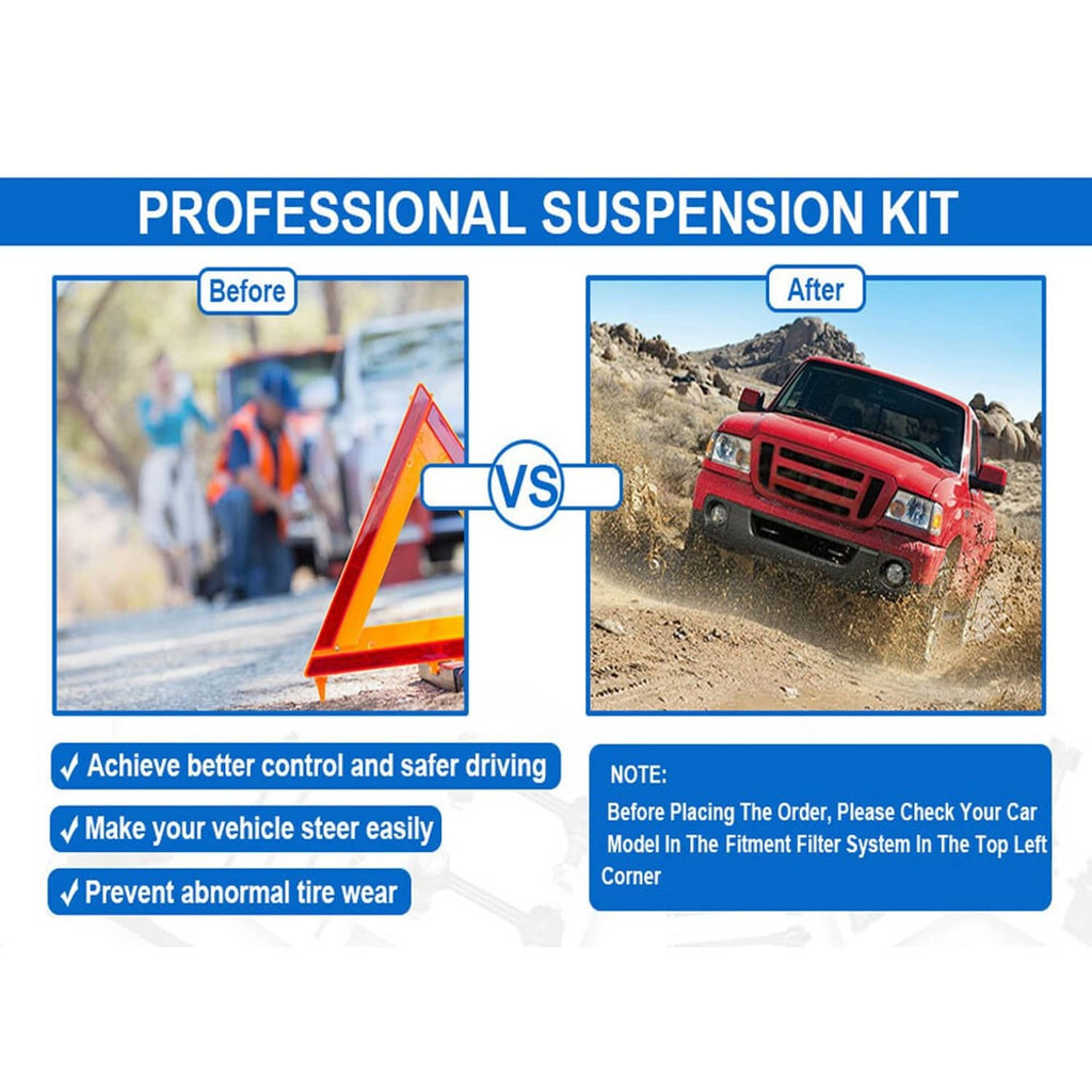 Professional suspension kit promotional before-and-after comparison panel