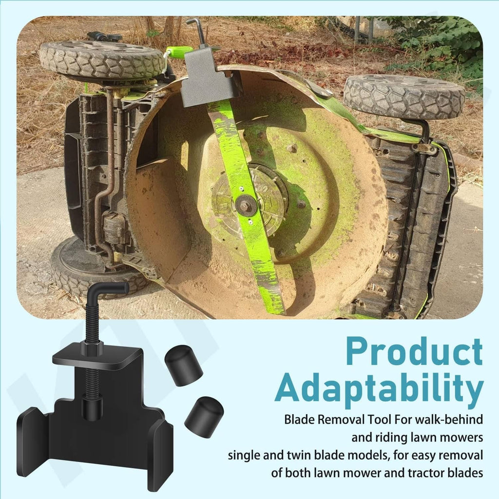 Universal mower blade removal tool clamped on mower deck, black handle attached