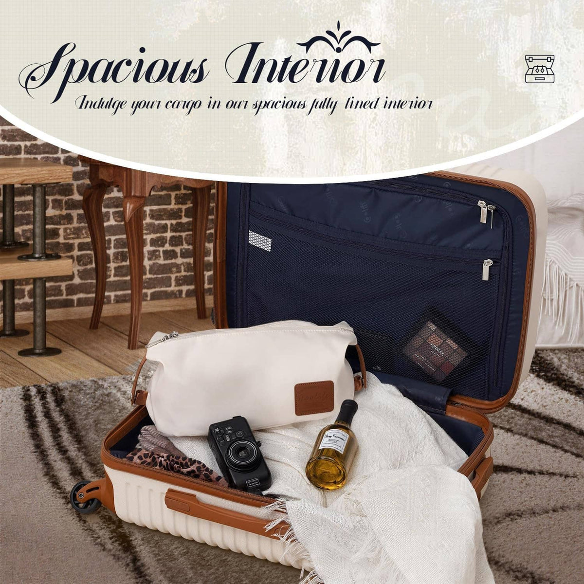 Open cream spinner suitcase with tan frame, blue interior panel, and internal pockets.