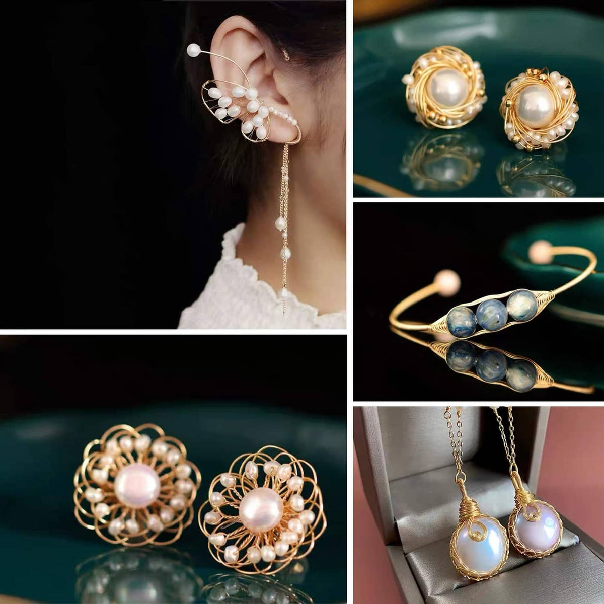 Gold wire jewelry earrings with pearl accents and drop bead dangles
