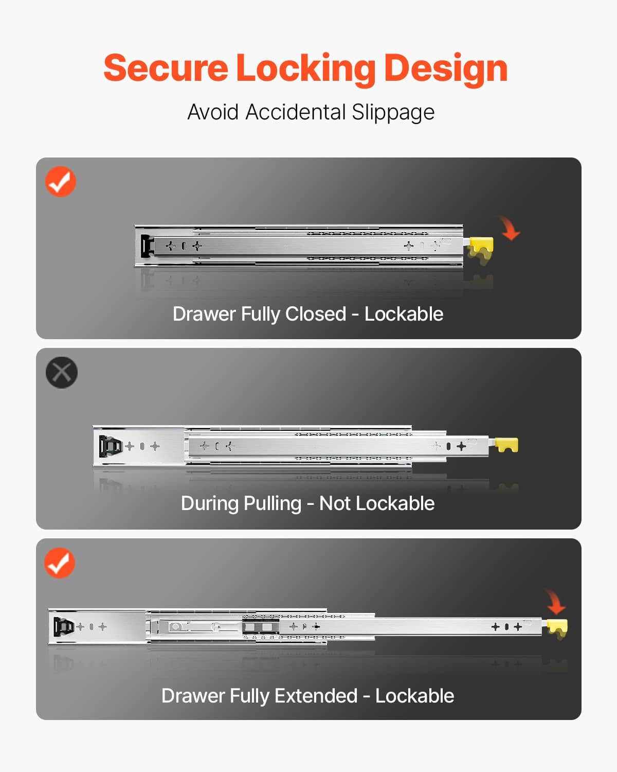 Locking drawer slides mechanism with lockable fully closed and extended positions
