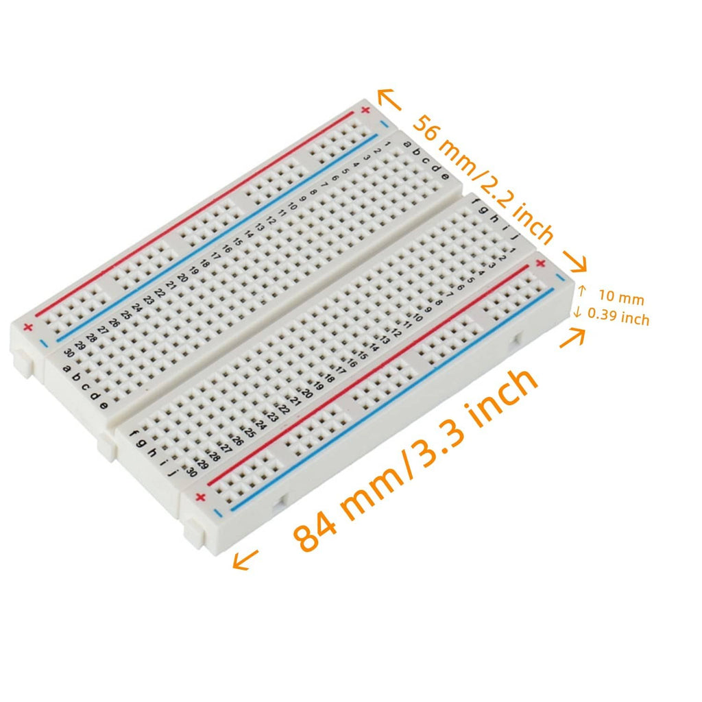 Compact solderless breadboard with pin holes and red/blue rails, size markings