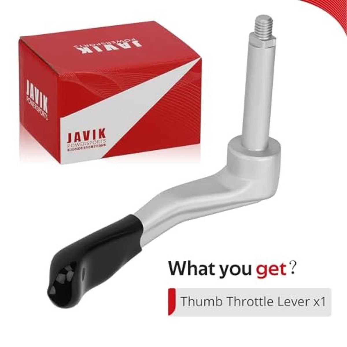 Thumb throttle lever kit with silver lever arm, black grip, and shipping box