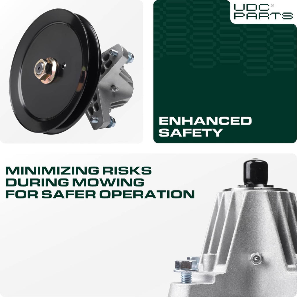 Spindle assembly with black pulley, metal mounting bracket, and center hub