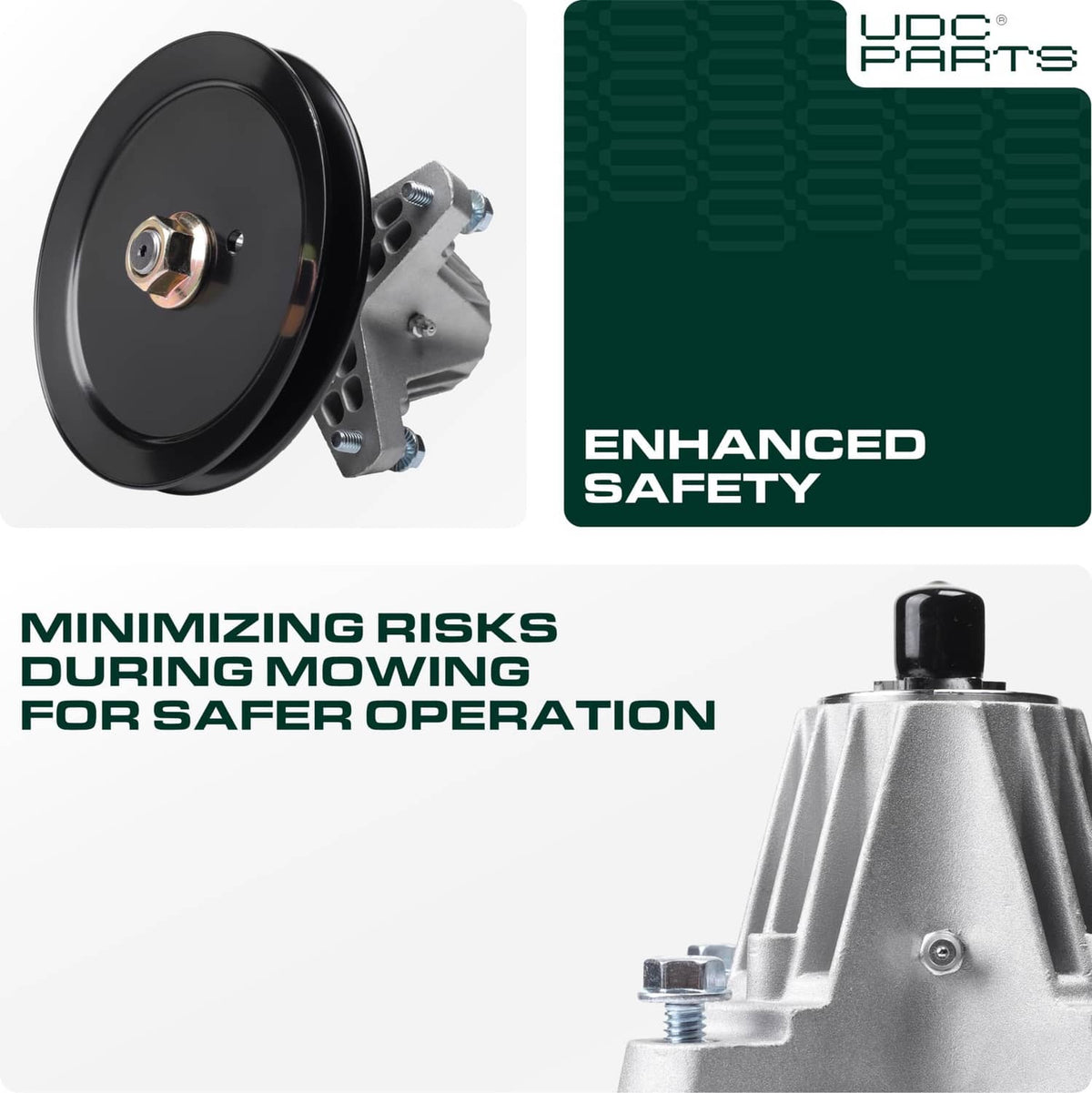 Spindle assembly with black pulley, metal mounting bracket, and center hub