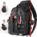 Medium fishing tackle backpack in black camouflage with padded shoulder strap