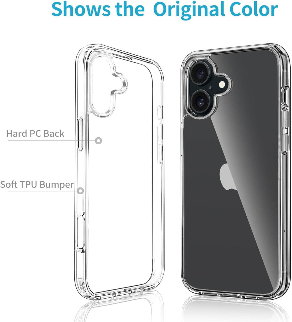 Transparent iPhone 16 Plus case with hard back and soft TPU bumper edge coverage
