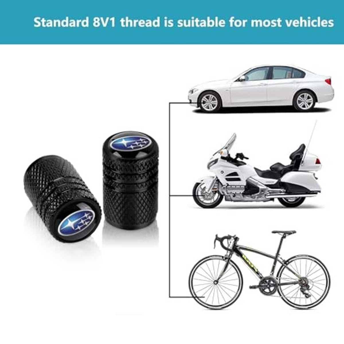 Set of 4 black textured tire valve stem caps with blue Subaru star logo, circular face.