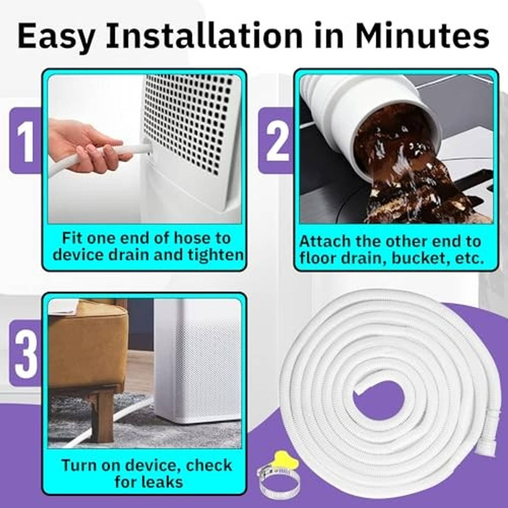 White dehumidifier drain hose coil with adapter, clamp, and installation steps layout