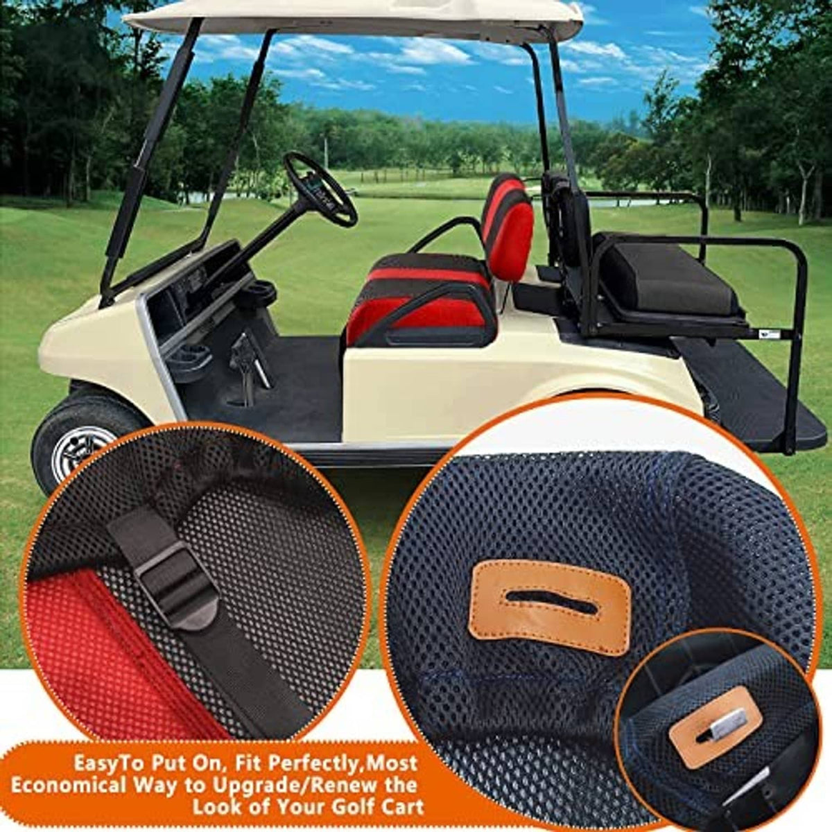 Red-and-black seat cover set with mesh panel and stitched tan label on side