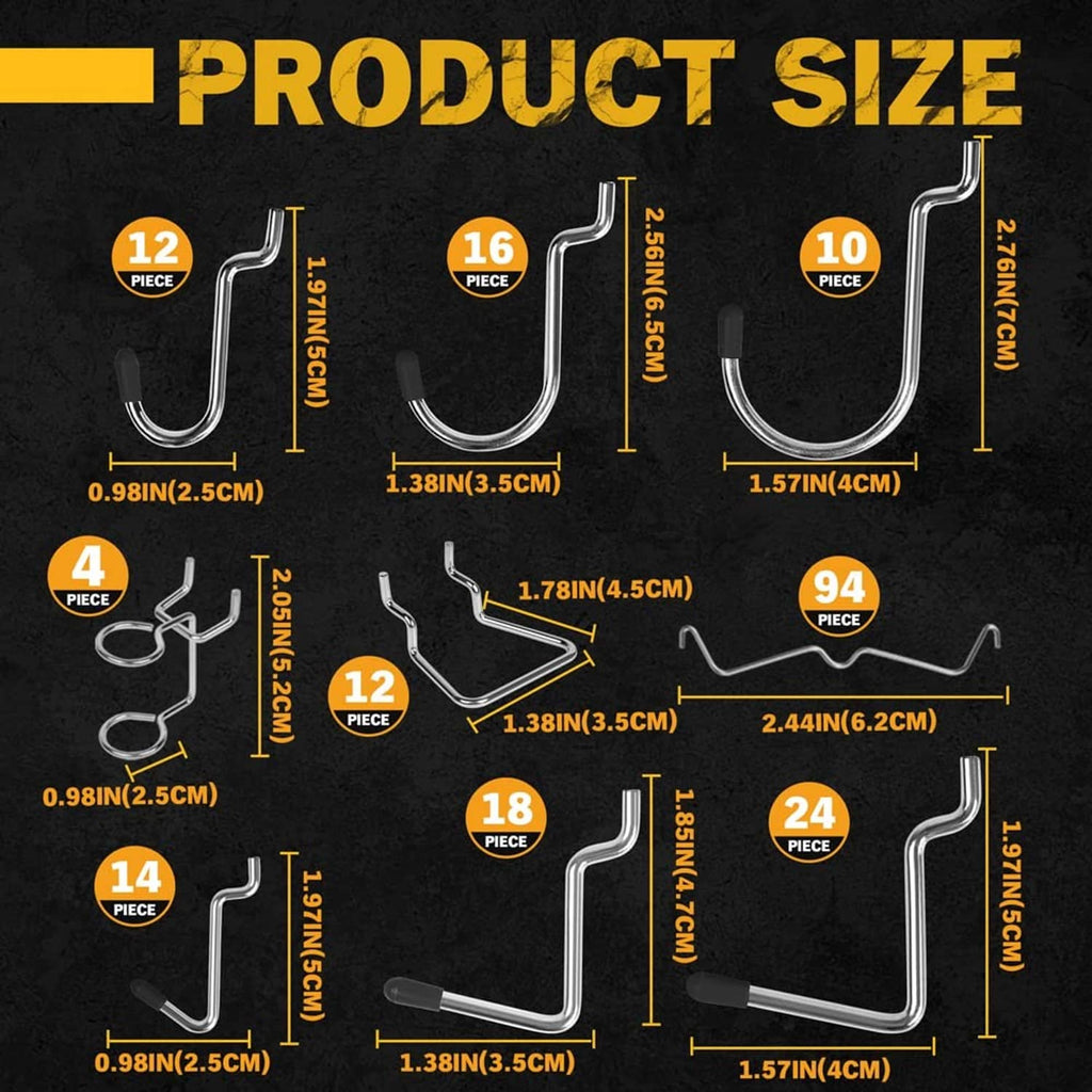 Pegboard hook size chart with different hook quantities and measurement labels