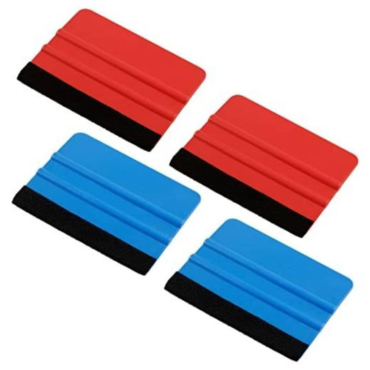 Set of felt edge squeegee tools, 4 blue and red plastic blades with black felt.