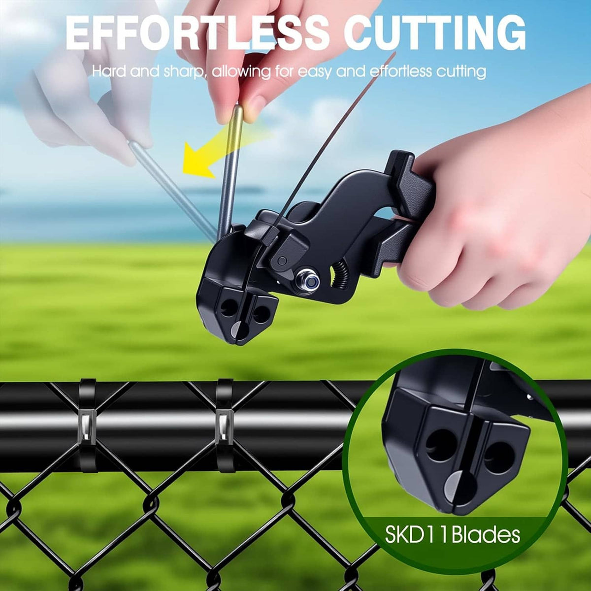Hand using a black cable tie gun to cut and secure a metal zip tie on fencing