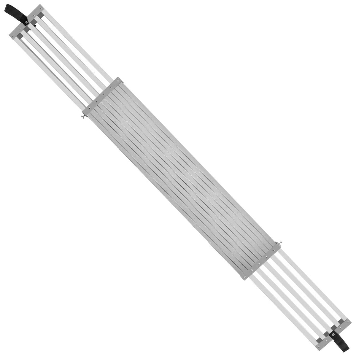 Aluminum telescoping scaffold plank with black strap handles, angled for storage
