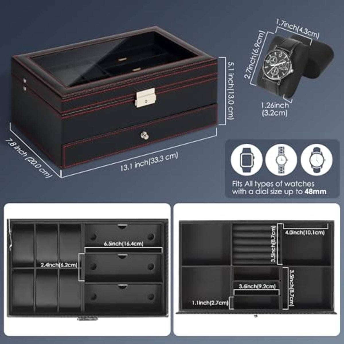 Black jewelry box with drawer, clear top lid, and compartment layout panels
