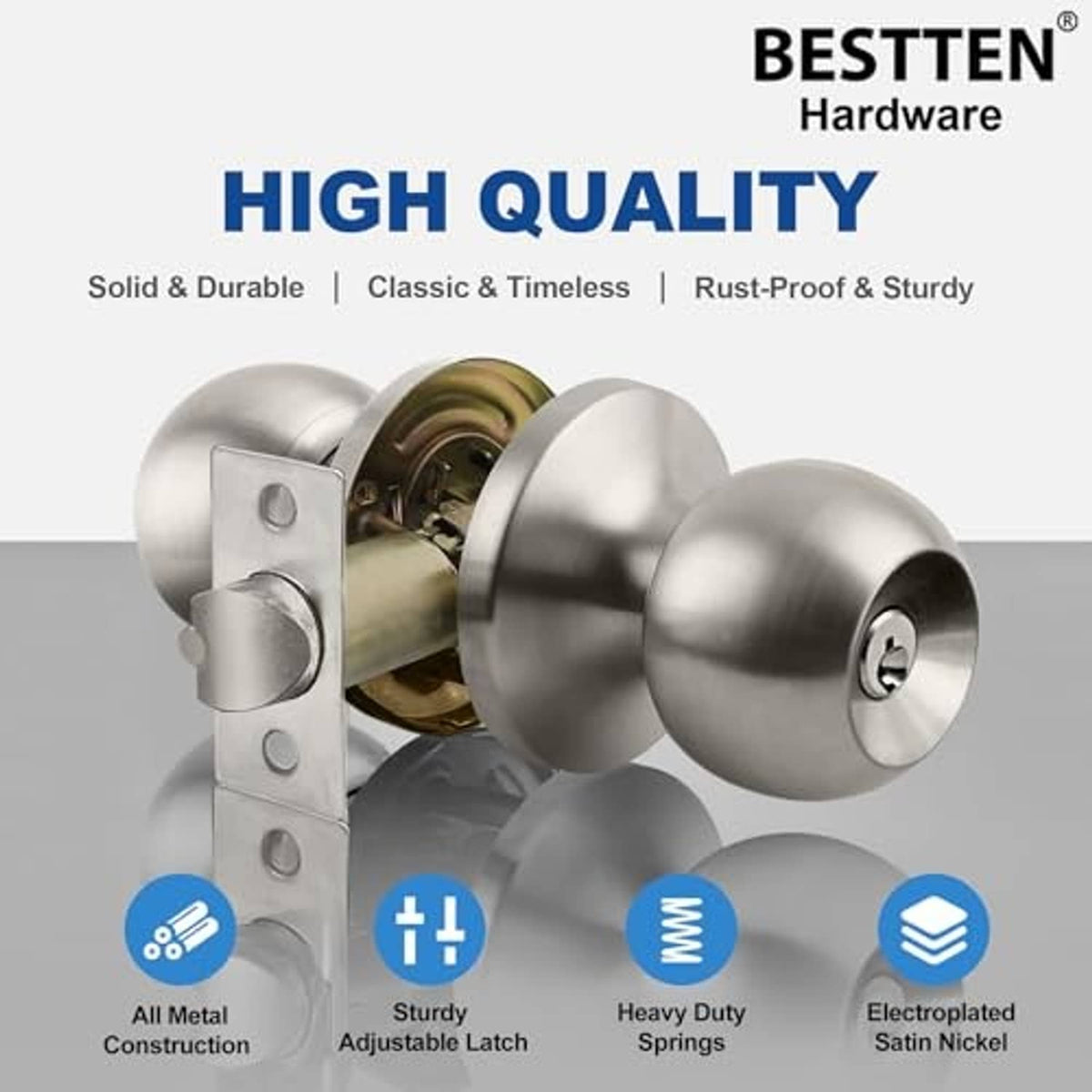 Satin nickel keyed door knob lockset with metal construction and satin nickel finish
