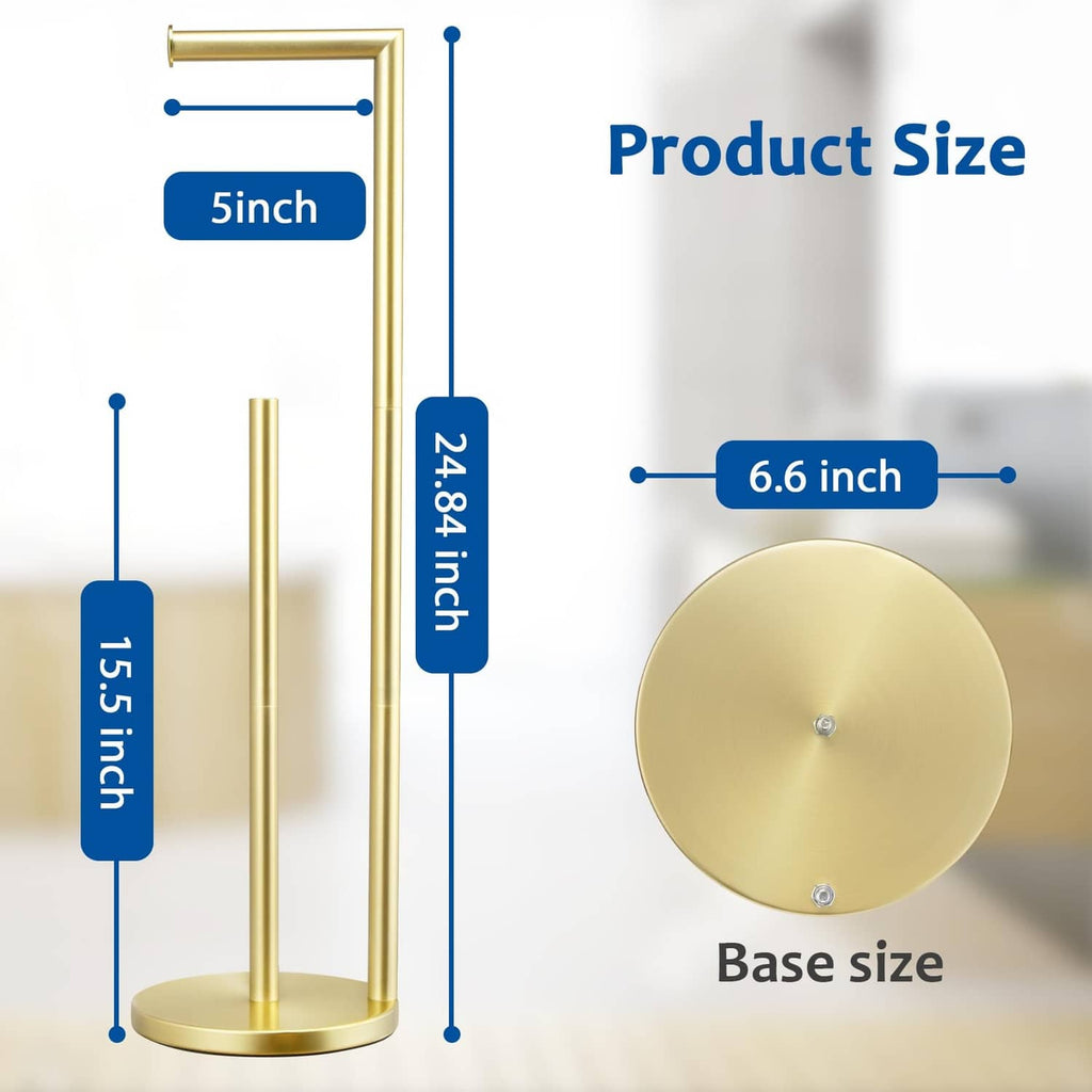 Toilet paper holder stand with gold frame, white base, holding a single roll