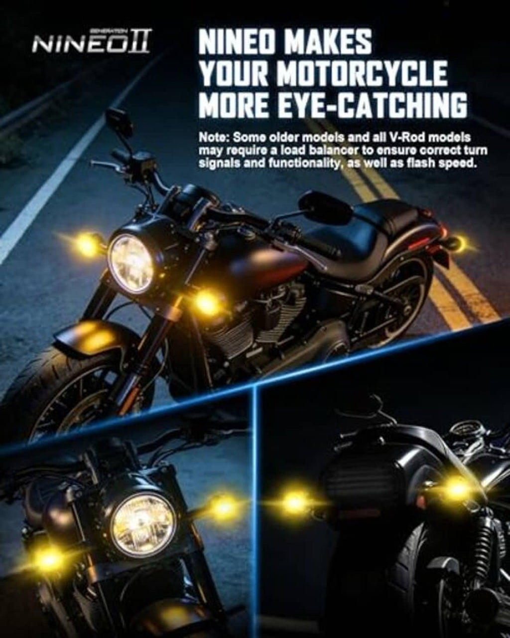 Motorcycle with bright white and amber LED turn signal lamps illuminated