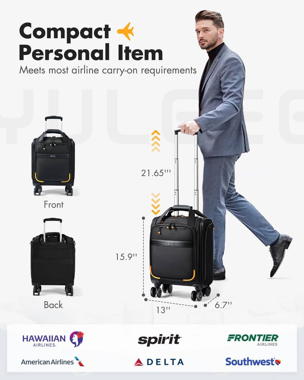 Black softside compact personal-item suitcase with spinner wheels, size shown