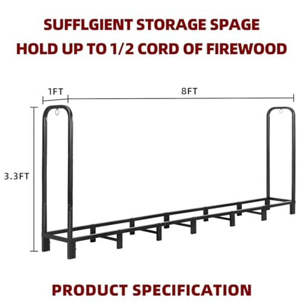 Firewood rack base frame with arched handle supports and row of log rests