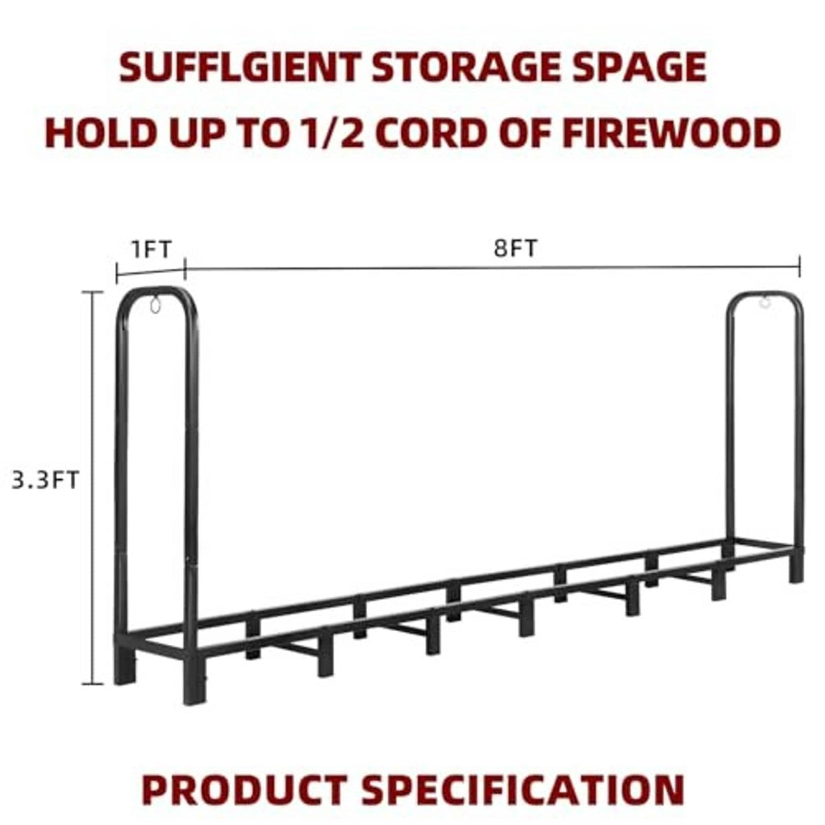 Firewood rack base frame with arched handle supports and row of log rests