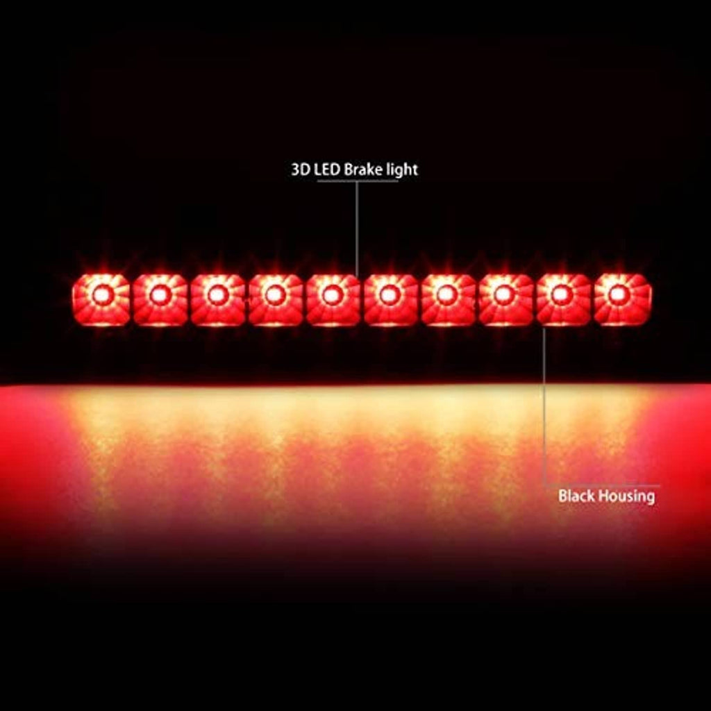 Red LED third brake light illuminated with multiple circular bulbs in a row