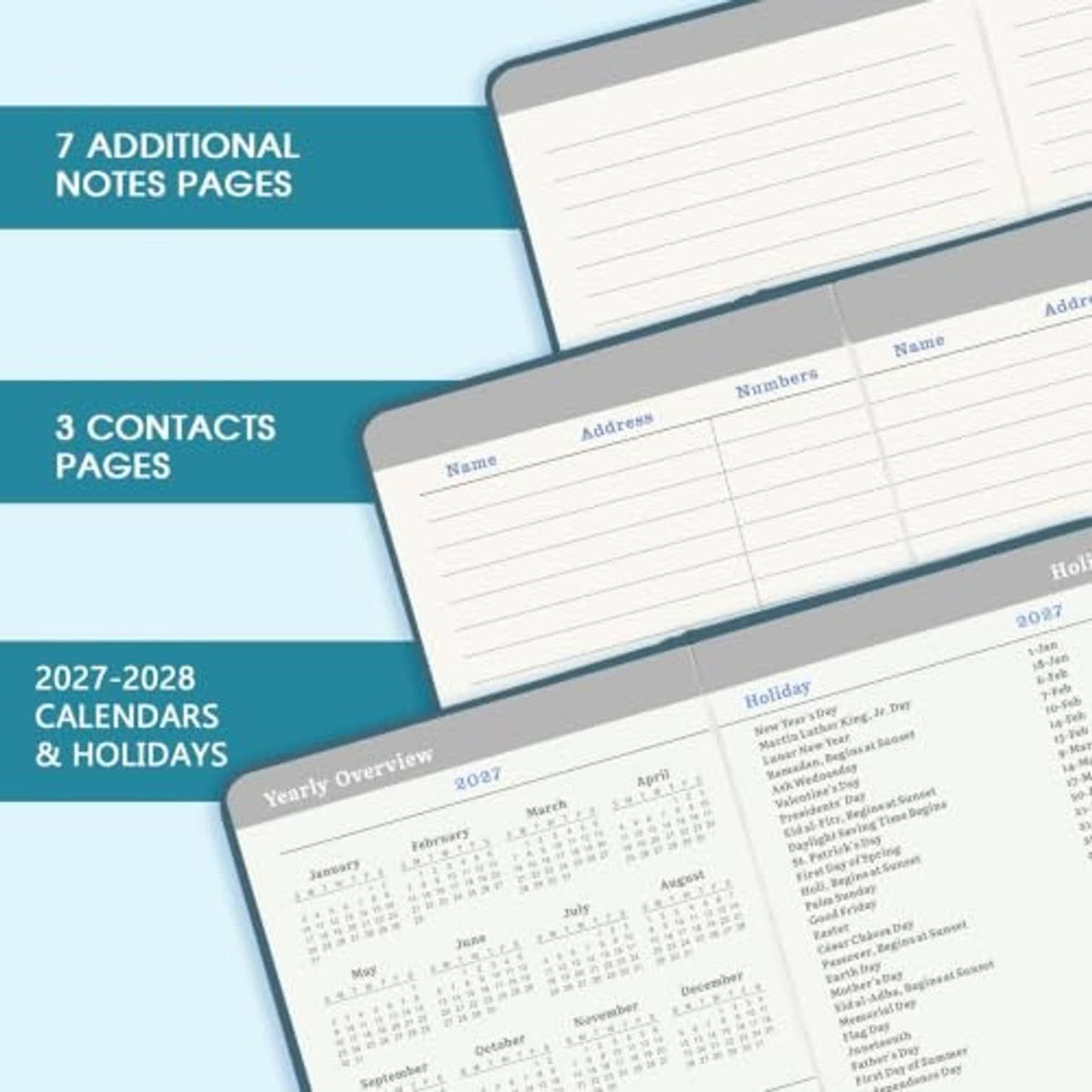 Planner interior with additional notes pages, contacts pages, and 2027-2028 calendars