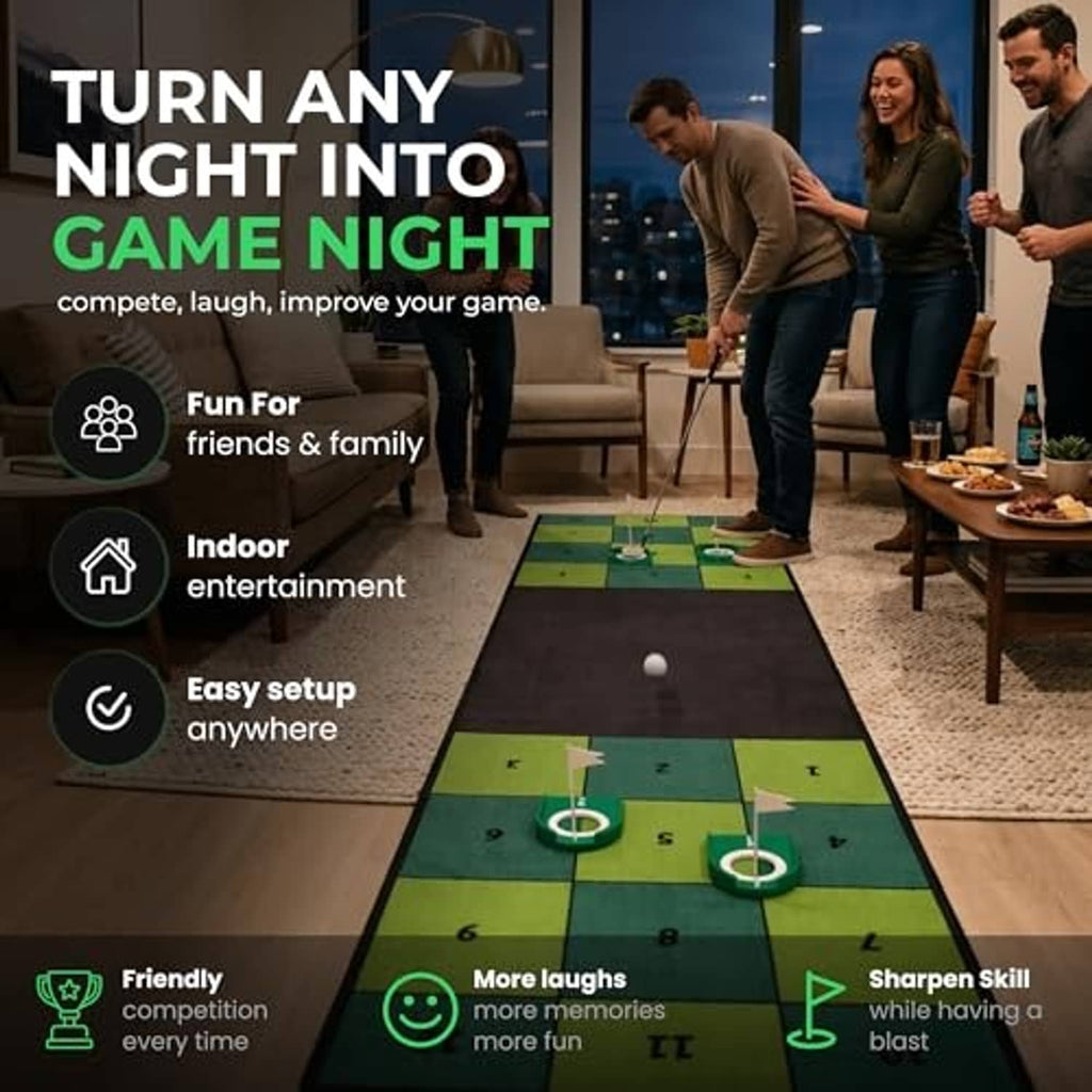 Green and black indoor putting mat with numbered squares and several white target cups