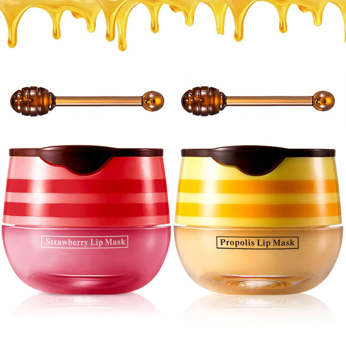 Set of 2 lip balm masks featuring a red strawberry jar and a golden propolis jar.