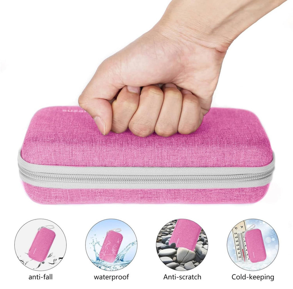 Pink insulin cooler travel case with zipper top and wrist strap; anti-fall